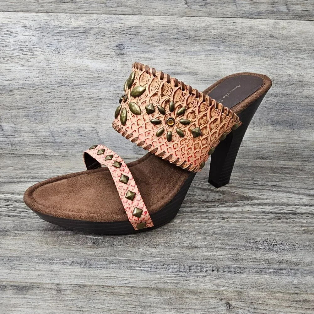 Amanda Smith Salmon Topaz Bead Adorned Leather Boho Platform Heel Sandal NEW